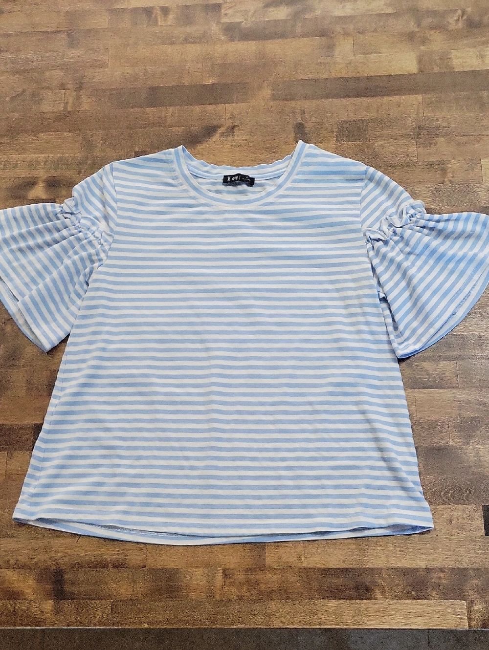 Very J Light Blue and White Striped Ruffle Sleeve Tee Size Small